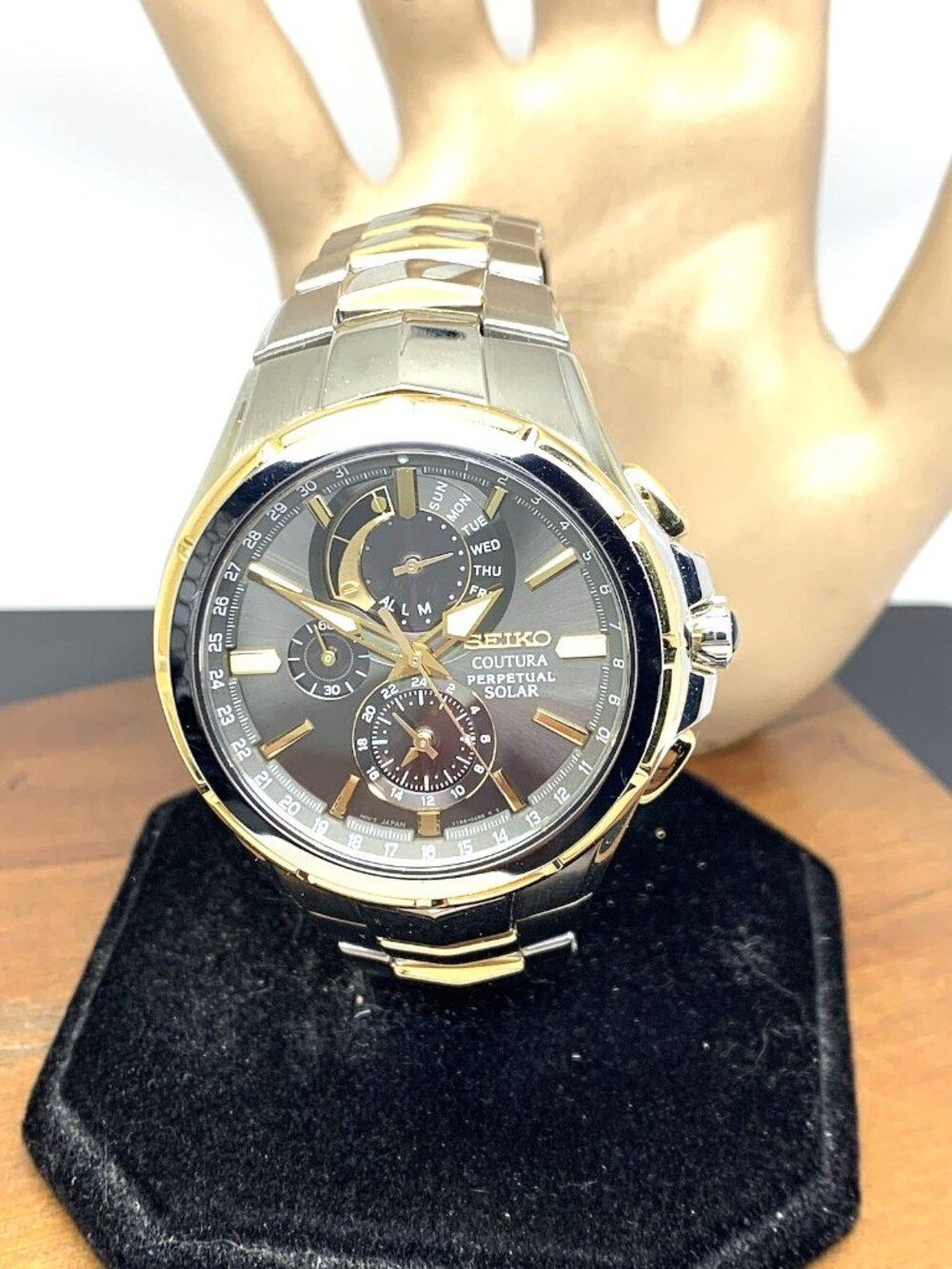 Seiko Men's Watch SSC376 Coutura Black Dial Solar Chronograph Two Tone Steel